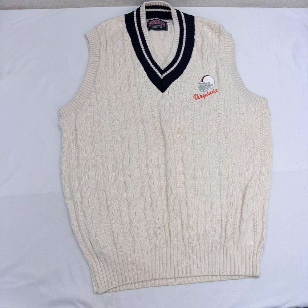 Vintage Nutmeg Virginia Cavaliers Cable Knit Sweater Vest Mens Medium Cream USA
